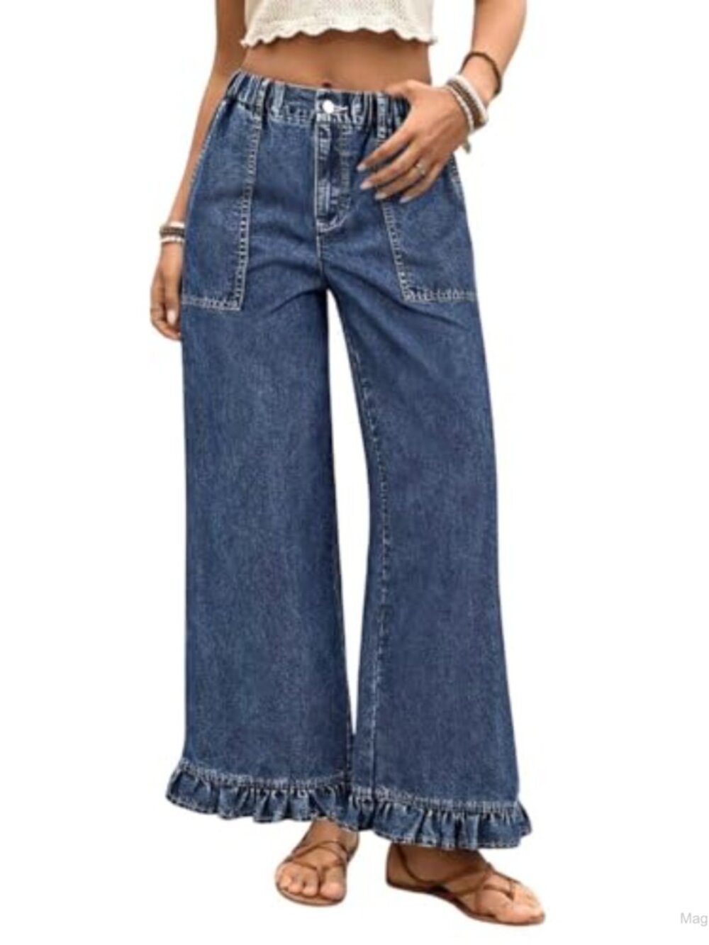 Ruffle Hem Wide Leg Jeans High Waist Elastic Waist Denim Pants Boyfriend Baggy